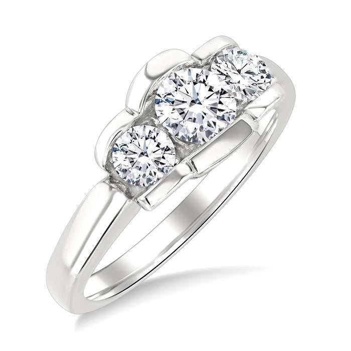 1 Ctw 3-Stone Round Cut Diamond Fashion Ring in 14K White Gold
