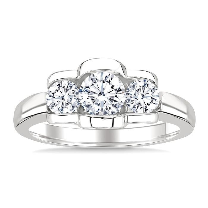 1 Ctw 3-Stone Round Cut Diamond Fashion Ring in 14K White Gold