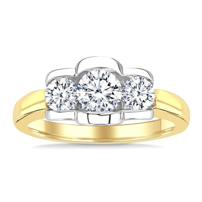 1 Ctw 3-Stone Round Cut Diamond Fashion Ring in 14K Yellow and White Gold