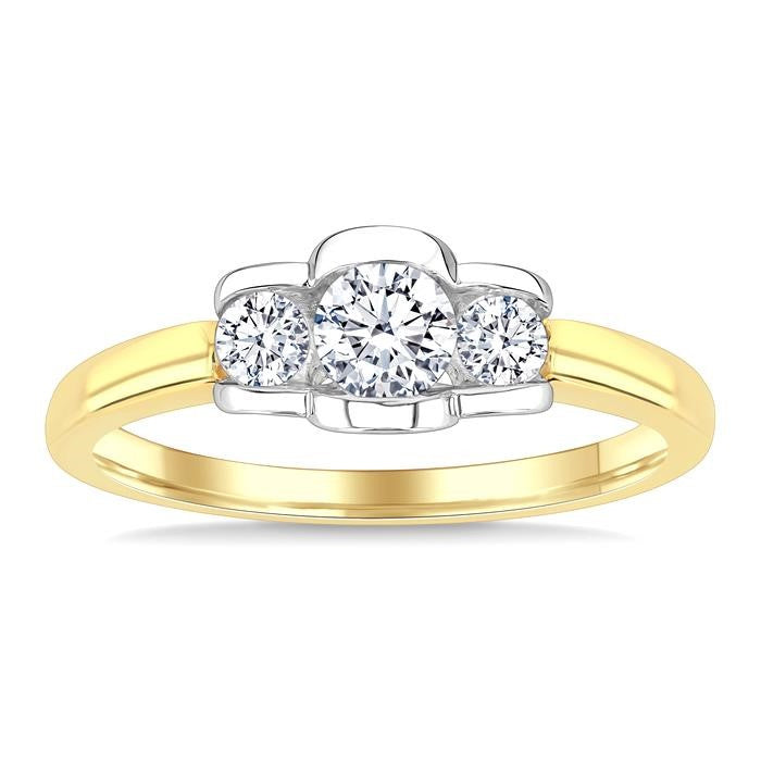 1/2 Ctw 3-Stone Round Cut Diamond Fashion Ring in 14K Yellow and White Gold