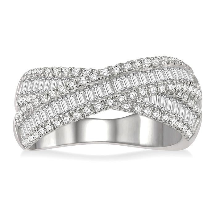 1 1/4 Ctw Split Cross Over Baguette and Round Cut Diamond Fashion Ring in 14K White Gold