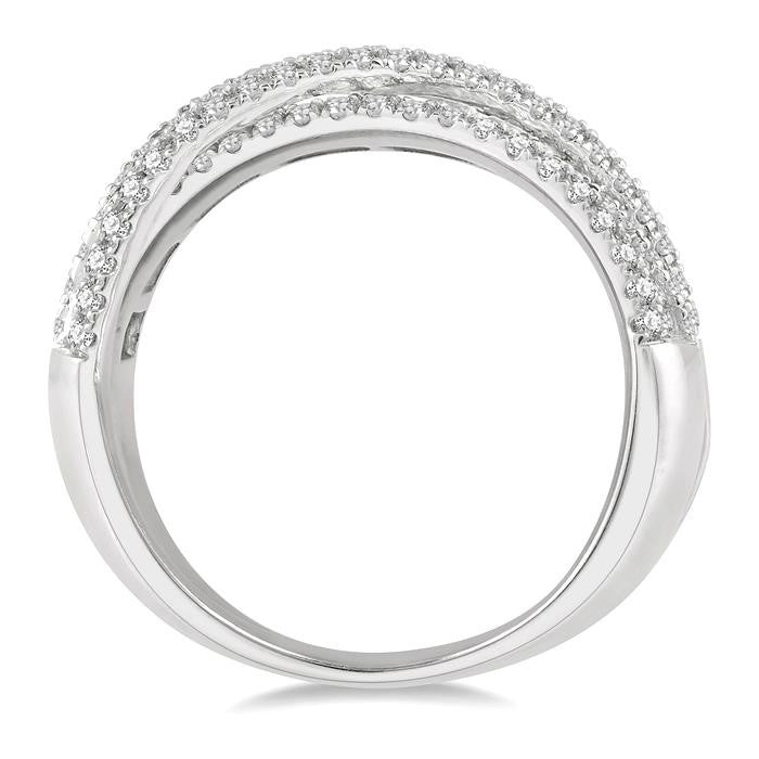 1 1/4 Ctw Split Cross Over Baguette and Round Cut Diamond Fashion Ring in 14K White Gold