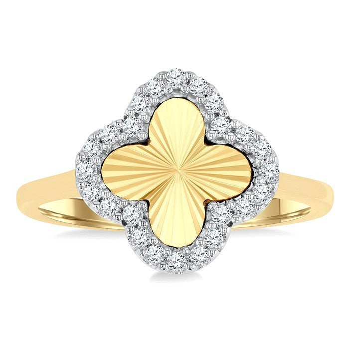 1/6 Ctw Fluted Texture 4-Leaf Clover Round Cut Diamond Pirouette Fashion Ring in 14K Yellow and White Gold