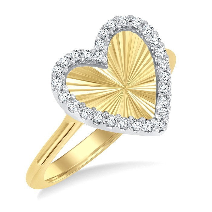 1/6 Ctw Fluted Texture Heart Shape Round Cut Diamond Pirouette Fashion Ring in 14K Yellow and White Gold