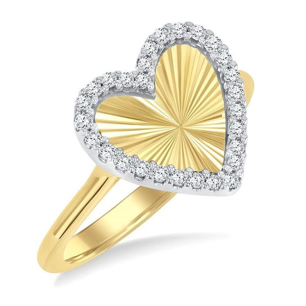 1/6 Ctw Fluted Texture Heart Shape Round Cut Diamond Pirouette Fashion Ring in 10K Yellow and White Gold