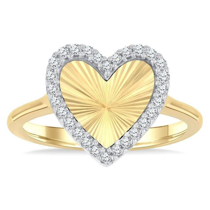 1/6 Ctw Fluted Texture Heart Shape Round Cut Diamond Pirouette Fashion Ring in 10K Yellow and White Gold