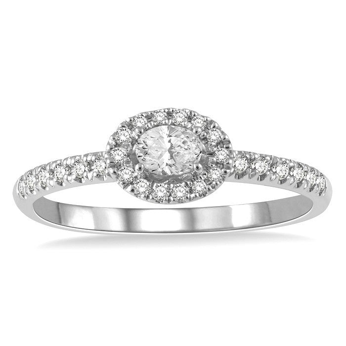 1/3 Ctw Oval Shape Round Cut Diamond Fashion Petite Ring with 1/6 Ct Oval Cut Center Stone in 14K White Gold
