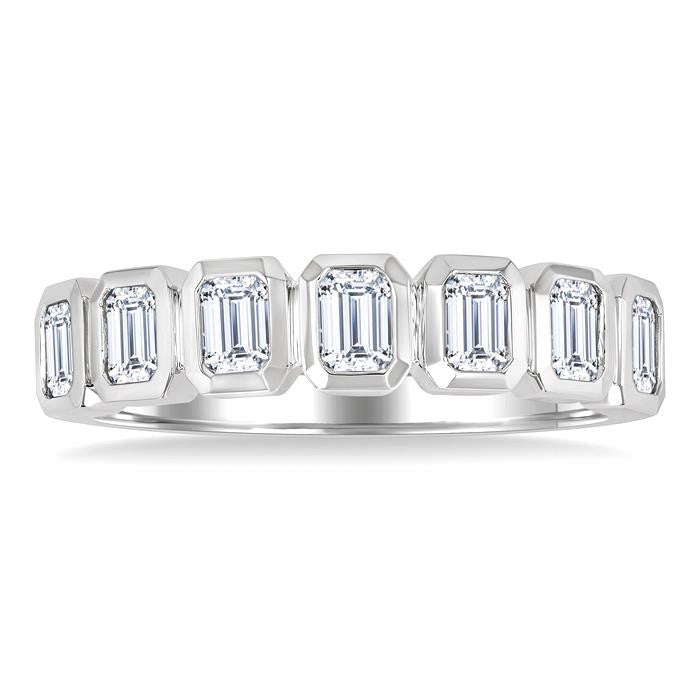 1 Ctw 7 Stone Bezel Set Emerald Cut Diamond Fashion Band in 14K White Gold