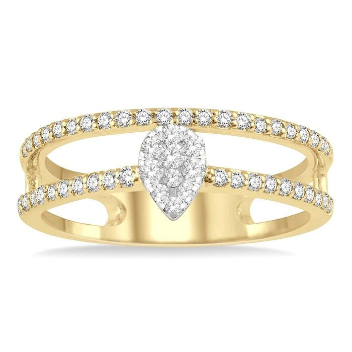 1/3 Ctw Twin Band Pear Shape Shine Bright Round Cut Diamond Fashion Ring in 14K Yellow and White Gold