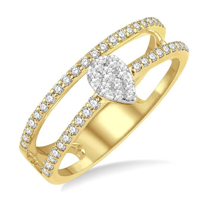 1/3 Ctw Twin Band Pear Shape Shine Bright Round Cut Diamond Fashion Ring in 14K Yellow and White Gold