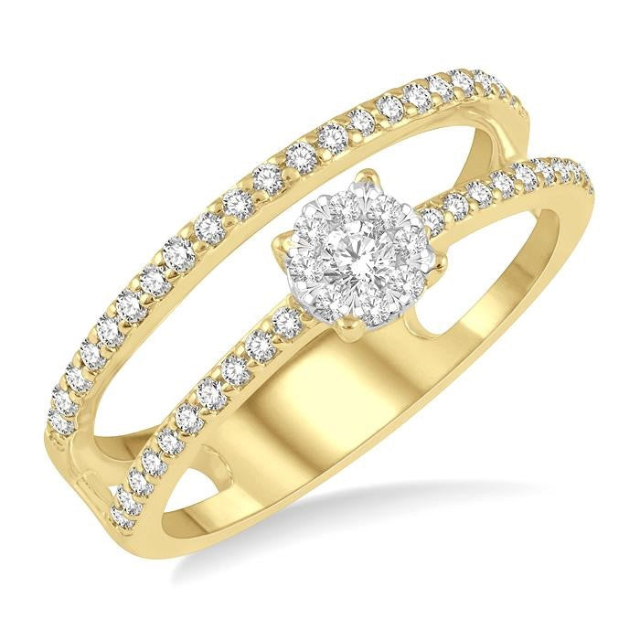 1/3 Ctw Twin Band Round Shape Shine Bright Round Cut Diamond Fashion Ring in 14K Yellow and White Gold