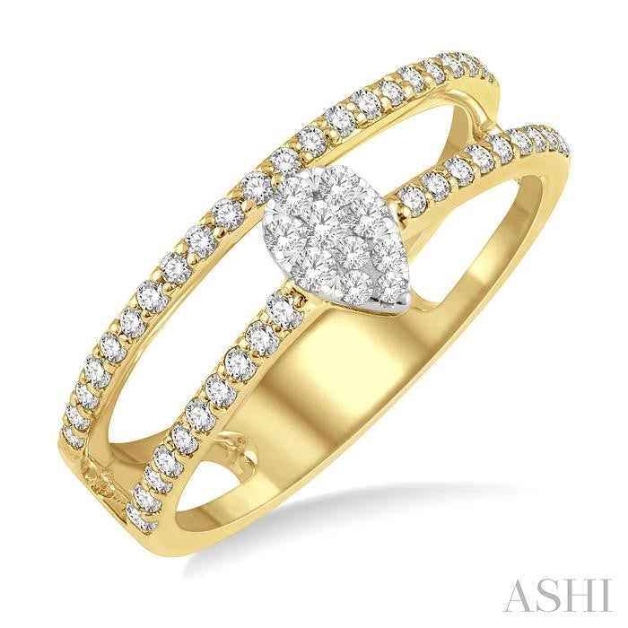 1/3 Ctw Twin Band Pear Shape Shine Bright Round Cut Diamond Fashion Ring in 14K Yellow and White Gold
