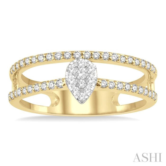 1/3 Ctw Twin Band Pear Shape Shine Bright Round Cut Diamond Fashion Ring in 14K Yellow and White Gold