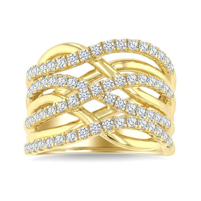 3/4 Ctw Round Cut Diamond Criss Cross Bold Fashion Wide Band in 14K Yellow Gold