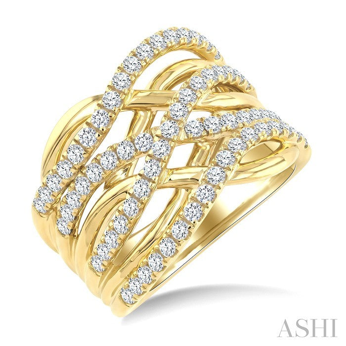 3/4 Ctw Round Cut Diamond Criss Cross Bold Fashion Wide Band in 14K Yellow Gold
