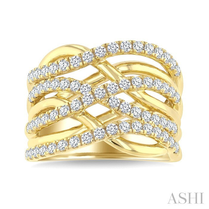 3/4 Ctw Round Cut Diamond Criss Cross Bold Fashion Wide Band in 14K Yellow Gold