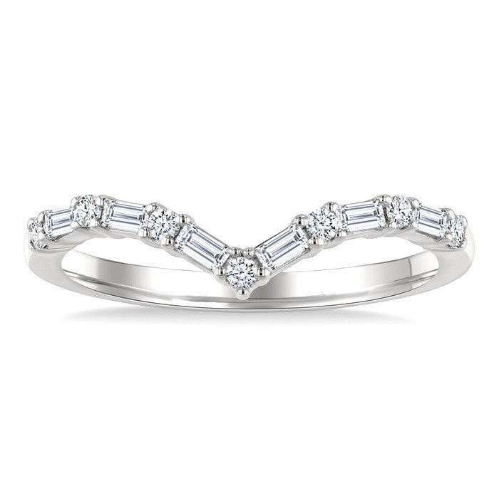 1/4 Ctw Baguette and Round Cut Diamond Chevron Fashion Ring in 14K White Gold