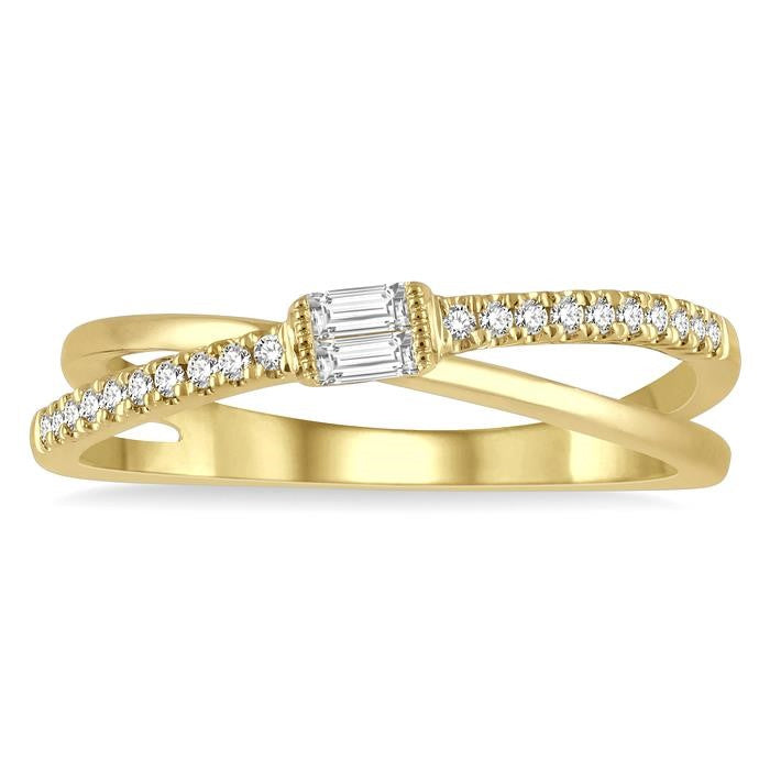 1/6 Ctw Criss Cross Baguette and Round Cut Diamond Fashion Ring in 14K Yellow Gold