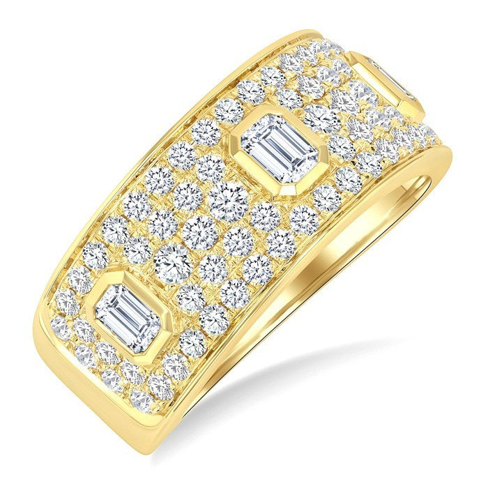 1 1/2 Ctw 3-Stone Emerald and Round Cut Diamond Fashion Wide Band in 14K Yellow Gold