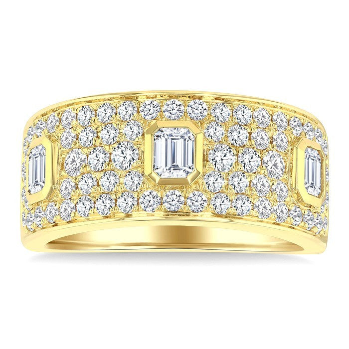 1 1/2 Ctw 3-Stone Emerald and Round Cut Diamond Fashion Wide Band in 14K Yellow Gold