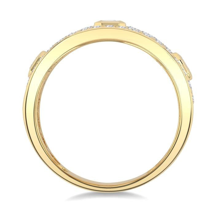 1 1/2 Ctw 3-Stone Emerald and Round Cut Diamond Fashion Wide Band in 14K Yellow Gold