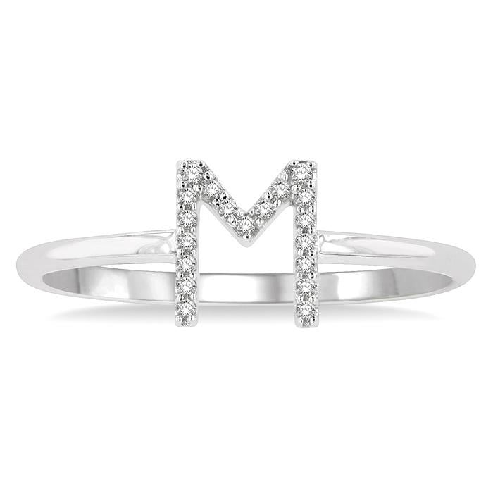 1/20 Ctw Initial 'M' Round Cut Diamond Fashion Ring in 10K White Gold