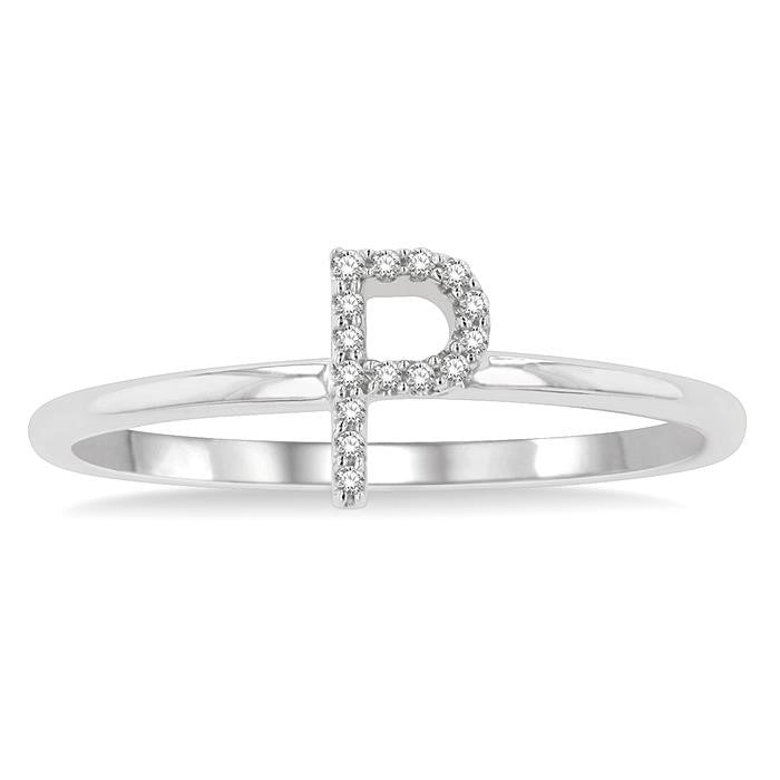 1/20 Ctw Initial 'P' Round Cut Diamond Fashion Ring in 10K White Gold