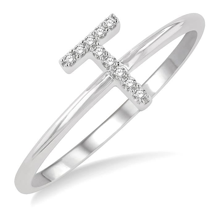 1/20 Ctw Initial 'T' Round Cut Diamond Fashion Ring in 10K White Gold