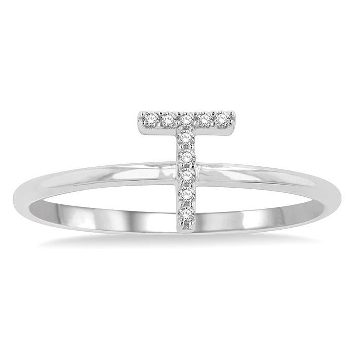 1/20 Ctw Initial 'T' Round Cut Diamond Fashion Ring in 10K White Gold