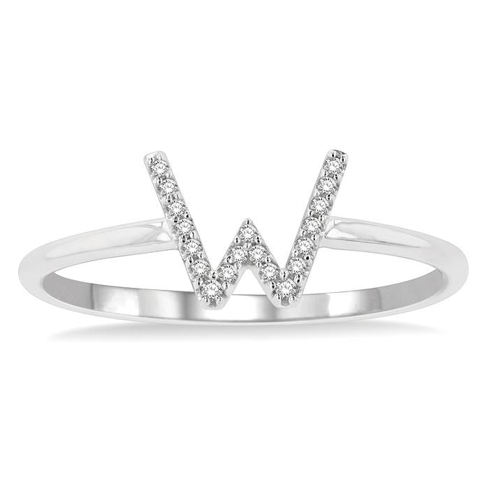 1/20 Ctw Initial 'W' Round Cut Diamond Fashion Ring in 10K White Gold