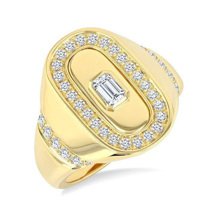 3/4 Ctw Bezel Set Emerald and Round Cut Diamond Signet Ring in 14K Yellow Gold