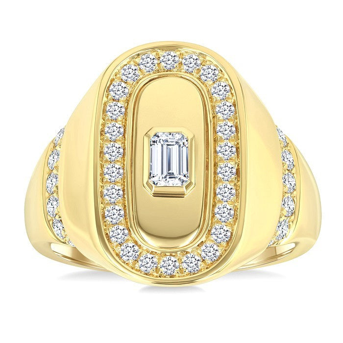 3/4 Ctw Bezel Set Emerald and Round Cut Diamond Signet Ring in 14K Yellow Gold