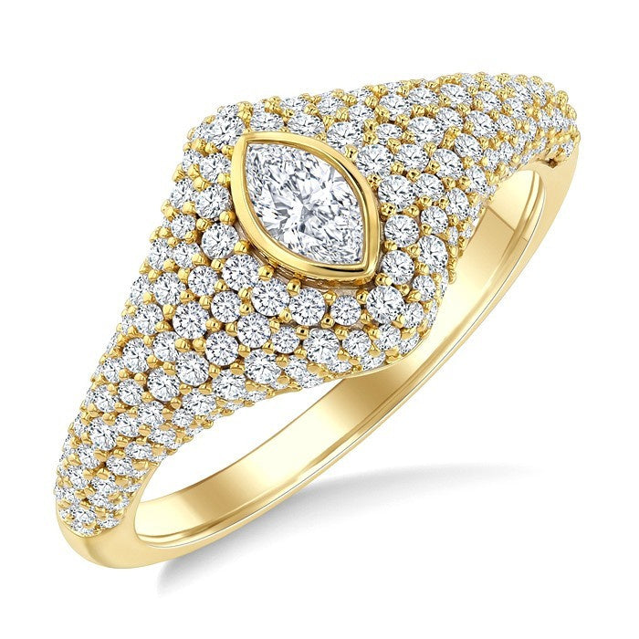 1 Ctw Pave Set Marquise Shape and Round Cut Diamond Fashion Signet Ring in 14K Yellow Gold
