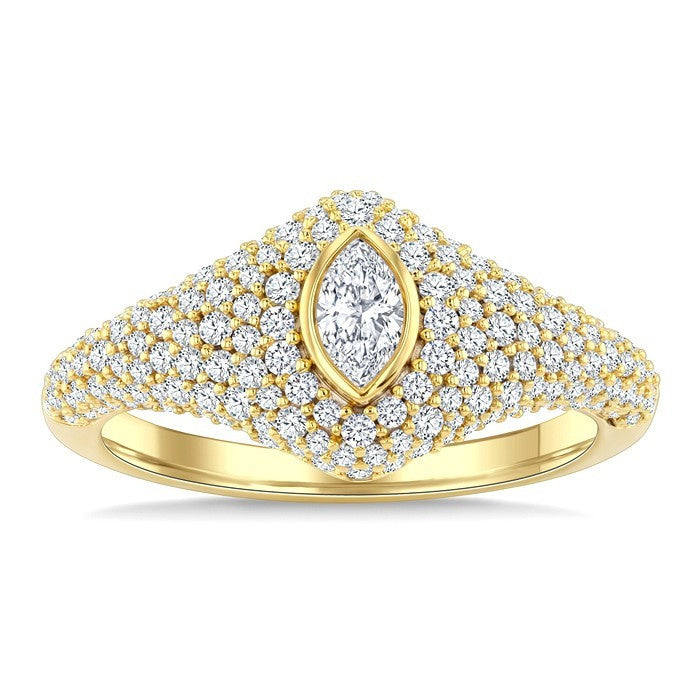 1 Ctw Pave Set Marquise Shape and Round Cut Diamond Fashion Signet Ring in 14K Yellow Gold
