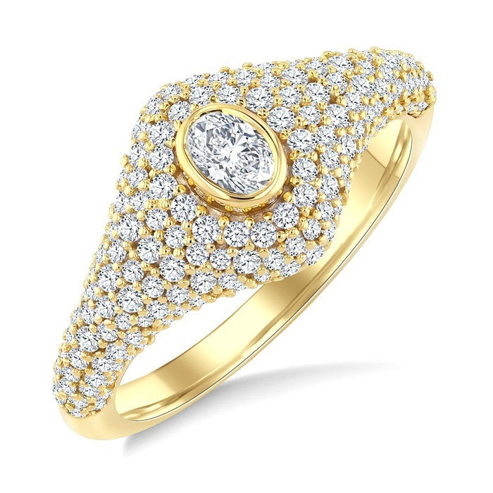 1 Ctw Pave Set Oval Shape and Round Cut Diamond Fashion Signet Ring in 14K Yellow Gold