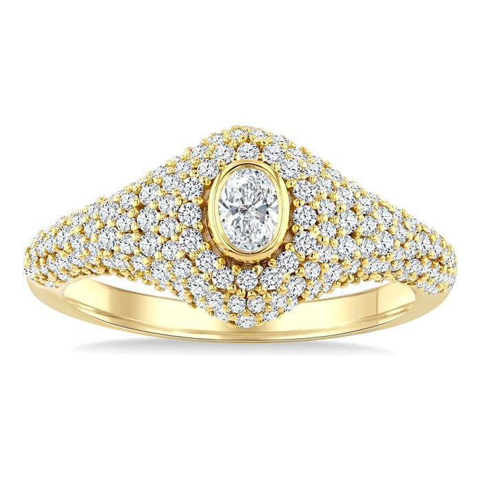 1 Ctw Pave Set Oval Shape and Round Cut Diamond Fashion Signet Ring in 14K Yellow Gold