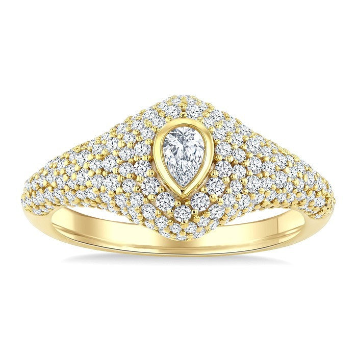 1 Ctw Pave Set Pear Shape and Round Cut Diamond Fashion Signet Ring in 14K Yellow Gold