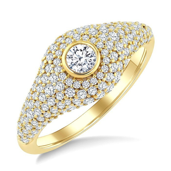 1 1/10 Ctw Pave Set Round Shape and Round Cut Diamond Fashion Signet Ring in 14K Yellow Gold