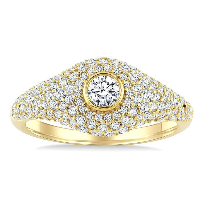 1 1/10 Ctw Pave Set Round Shape and Round Cut Diamond Fashion Signet Ring in 14K Yellow Gold
