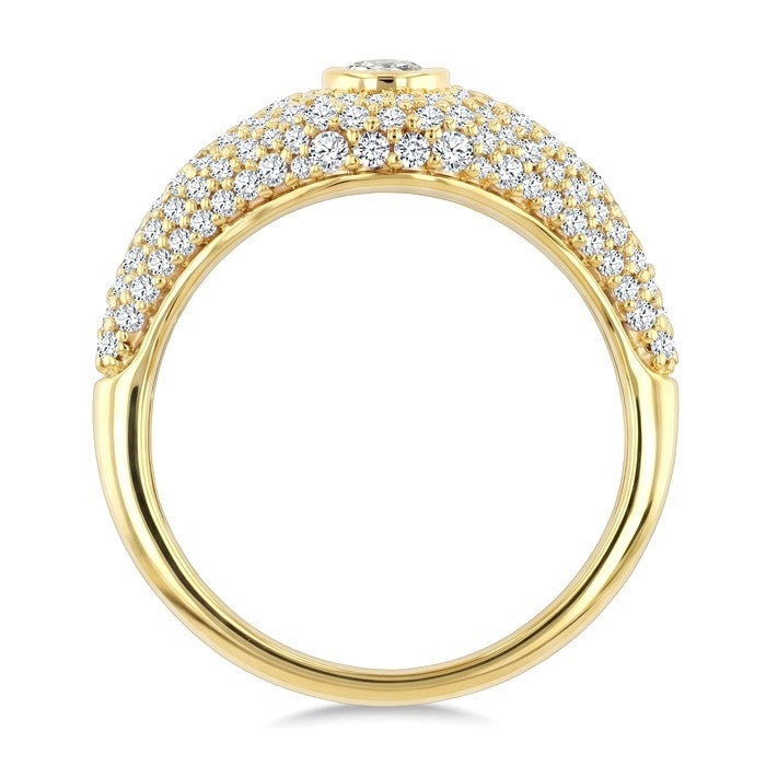 1 1/10 Ctw Pave Set Round Shape and Round Cut Diamond Fashion Signet Ring in 14K Yellow Gold