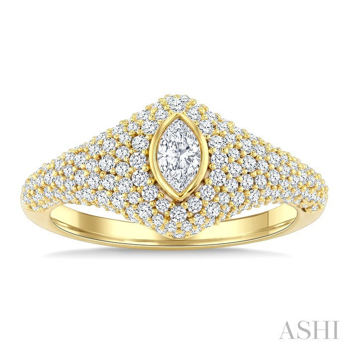 1 Ctw Pave Set Marquise Shape and Round Cut Diamond Fashion Signet Ring in 14K Yellow Gold