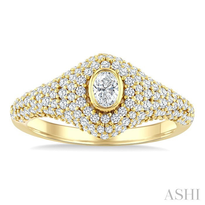 1 Ctw Pave Set Oval Shape and Round Cut Diamond Fashion Signet Ring in 14K Yellow Gold