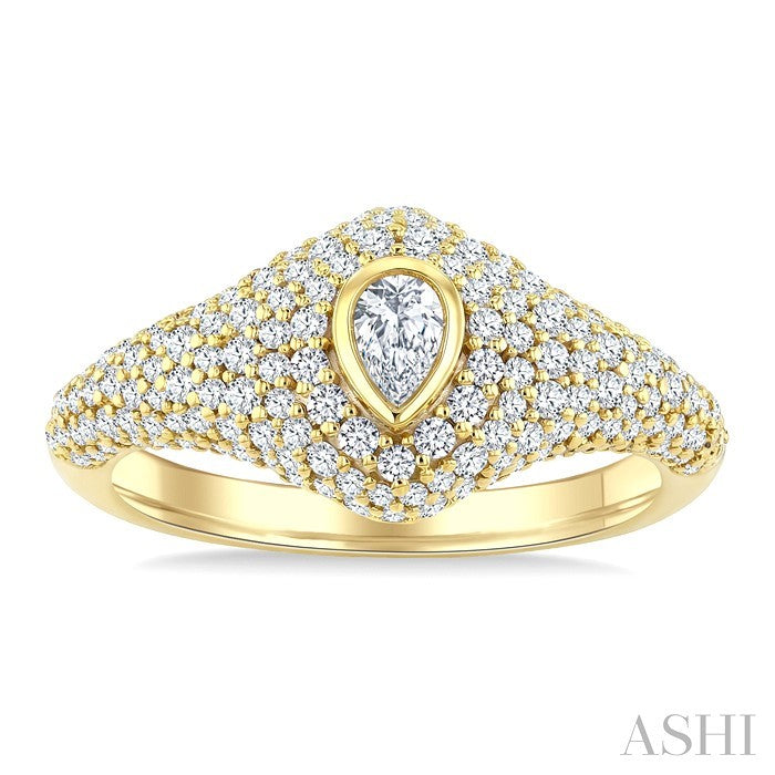 1 Ctw Pave Set Pear Shape and Round Cut Diamond Fashion Signet Ring in 14K Yellow Gold