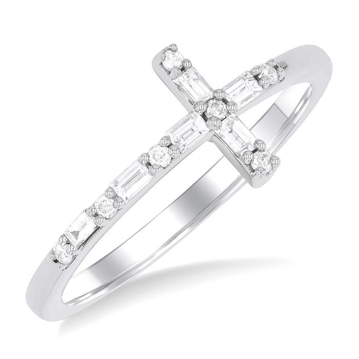 1/5 Ctw Reclined Cross Baguette and Round Cut Diamond Fashion Ring in 10K White Gold