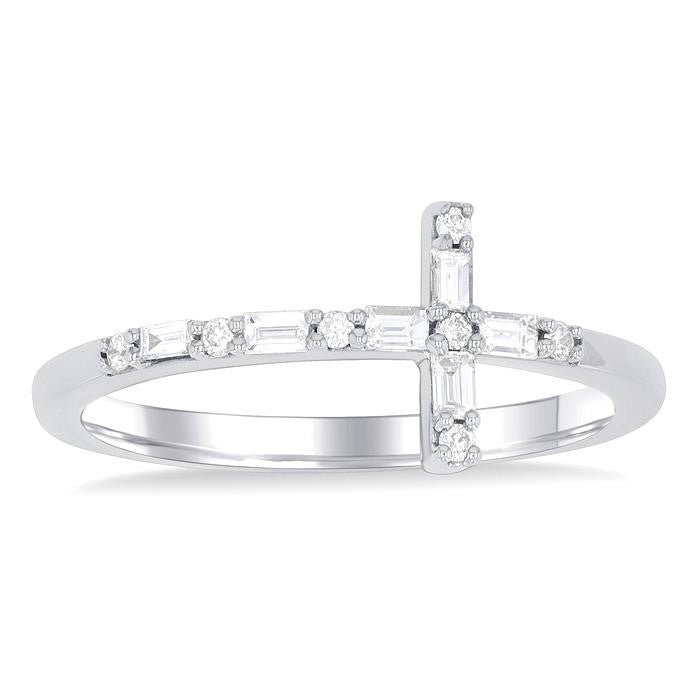 1/5 Ctw Reclined Cross Baguette and Round Cut Diamond Fashion Ring in 10K White Gold