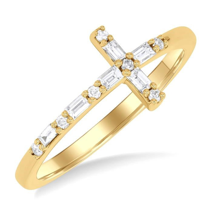 1/5 Ctw Reclined Cross Baguette and Round Cut Diamond Fashion Ring in 10K Yellow Gold