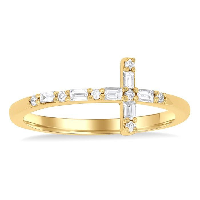 1/5 Ctw Reclined Cross Baguette and Round Cut Diamond Fashion Ring in 10K Yellow Gold