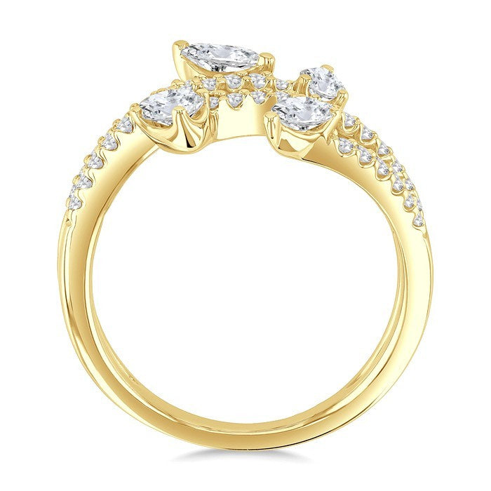 7/8 Ctw Split Open Bypass 4-Stone Mixed Diamond Cut Fashion Ring in 14K Yellow Gold