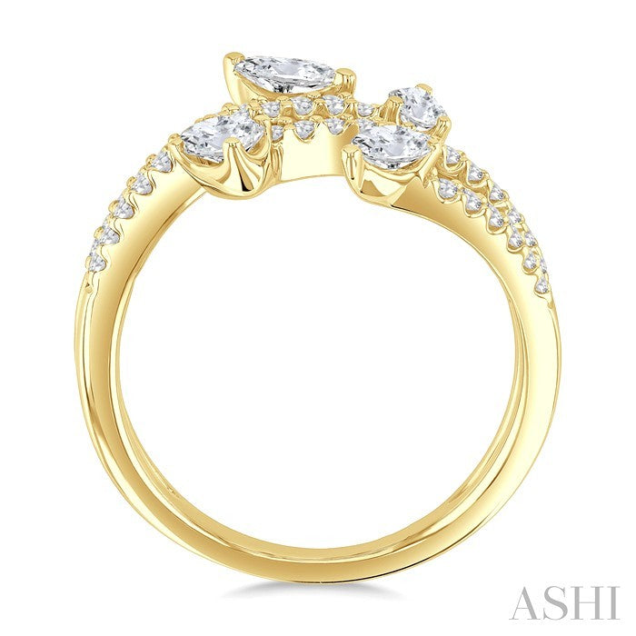 7/8 Ctw Split Open Bypass 4-Stone Mixed Diamond Cut Fashion Ring in 14K Yellow Gold