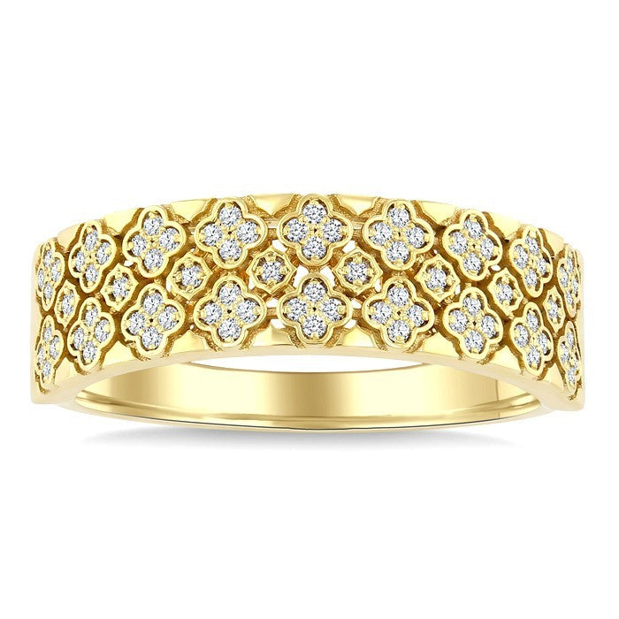 1/4 Ctw Round Cut Diamond Clover Shape Honeycomb Fashion Band in 14K Yellow Gold
